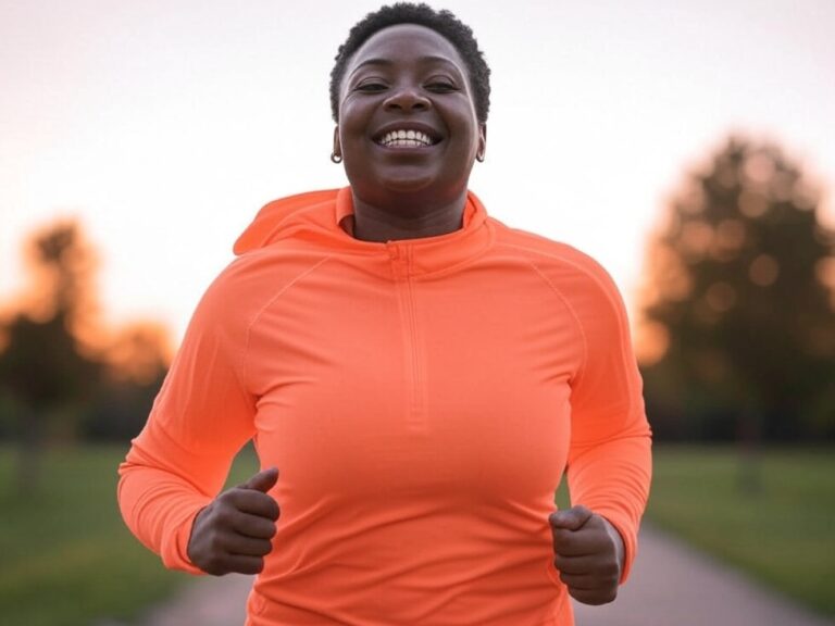 Person jogging at sunrise with a happy expression