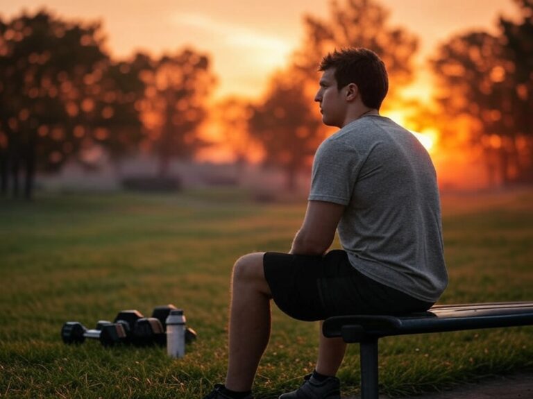 Person relaxing outdoors with a sunrise, weights nearby