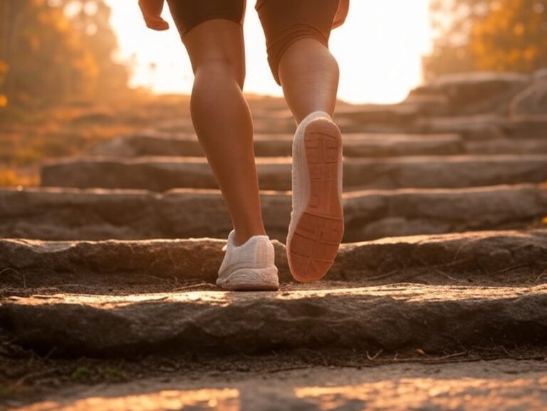 Person taking a small step up a staircase with a sunrise in the background